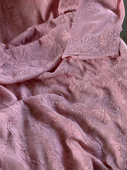 Pink Viscose Georgette Chikankari Ready to Wear Kurta