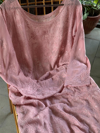 Pink Viscose Georgette Chikankari Ready to Wear Kurta