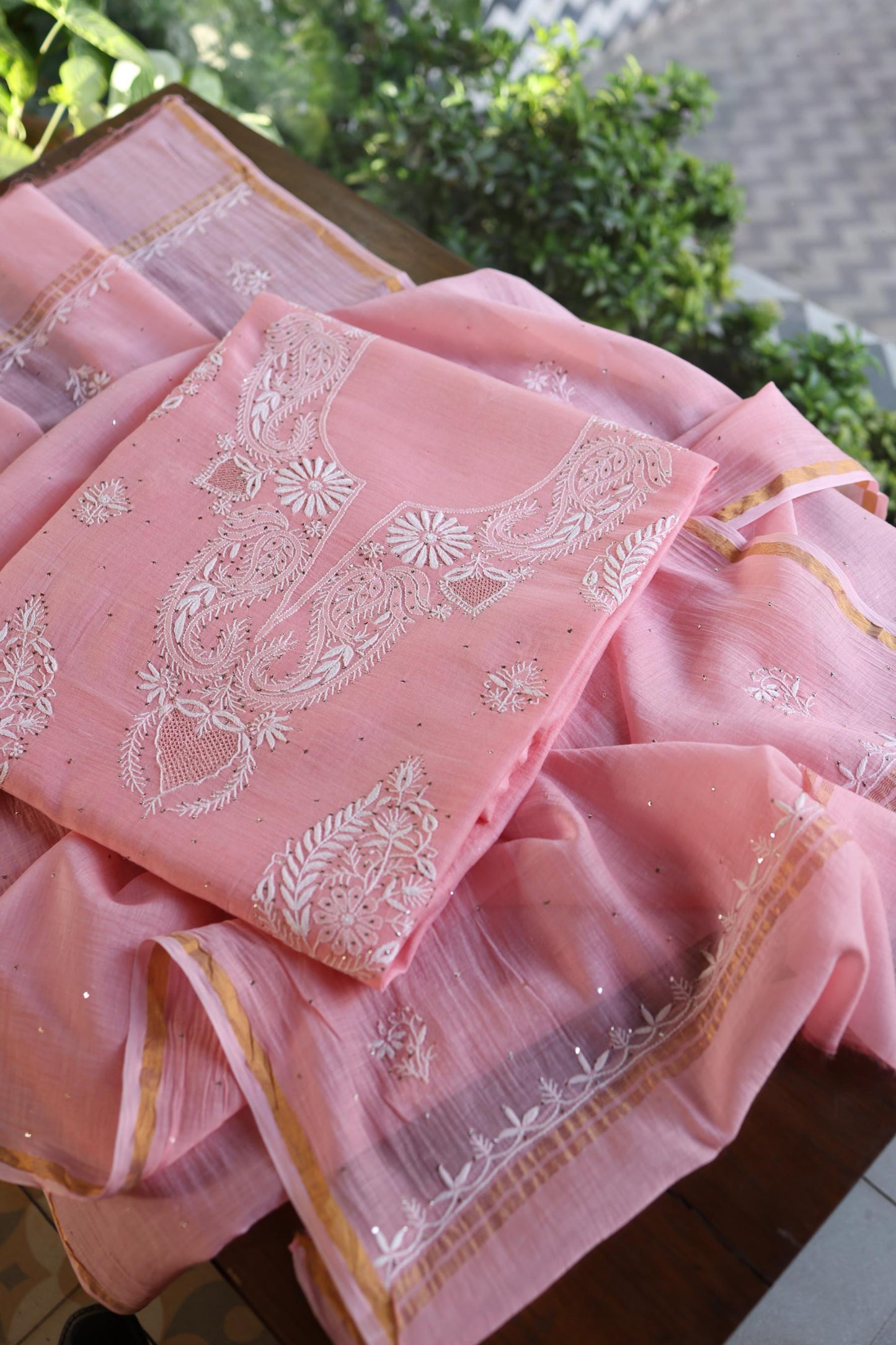Pink Zari Booti Fine Chikankari With Kamdani Work Unstitched Fabric