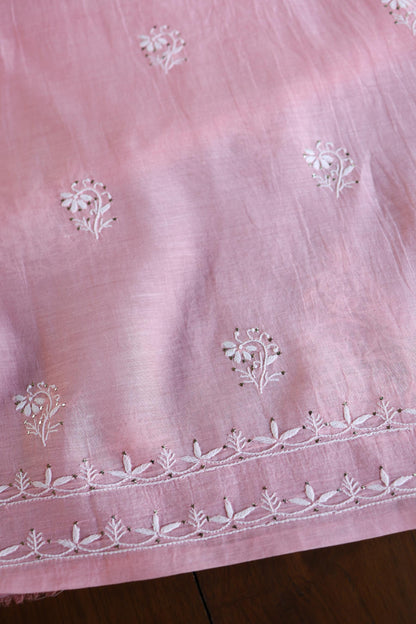 Pink Zari Booti Fine Chikankari With Kamdani Work Unstitched Fabric