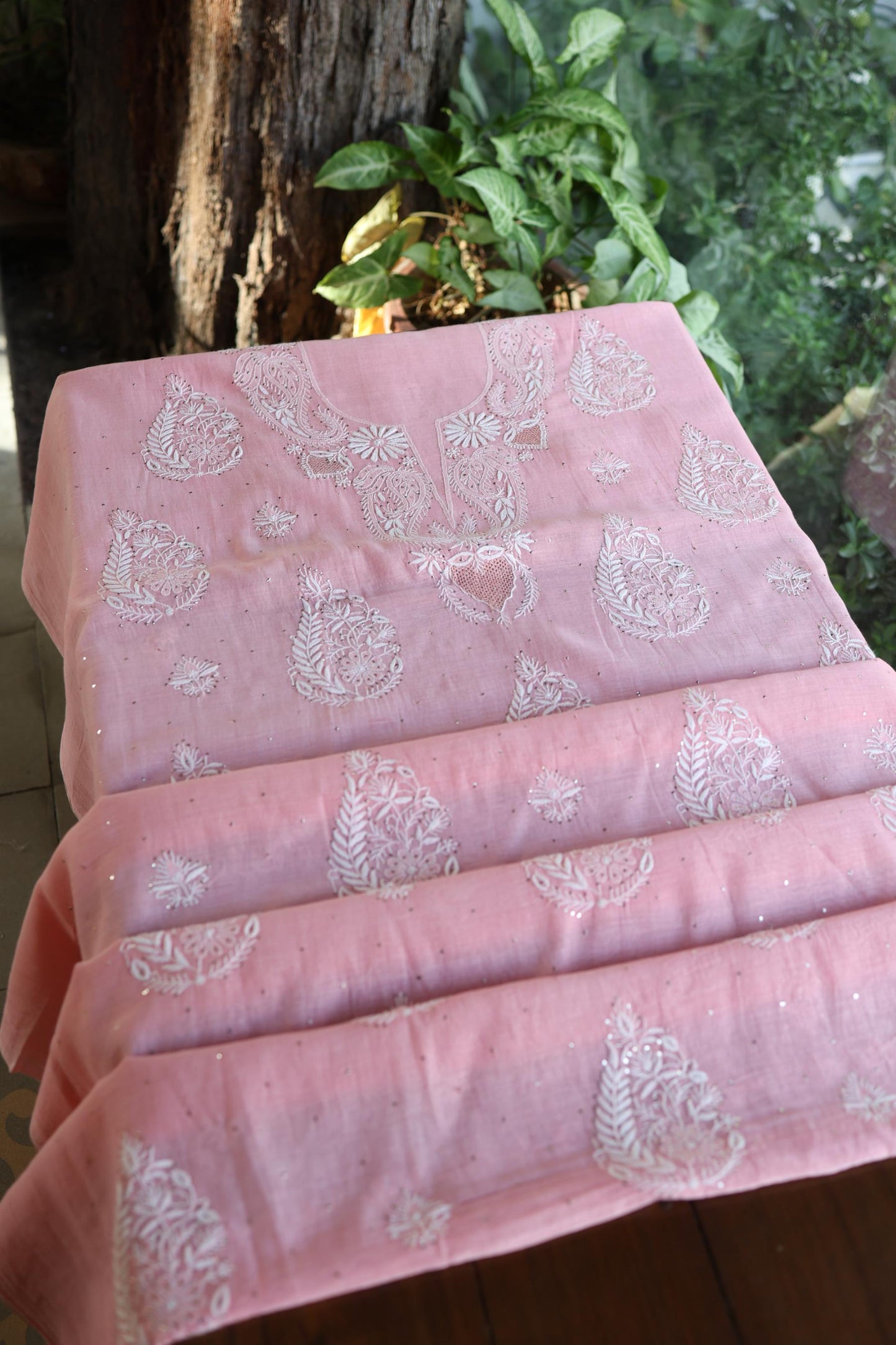 Pink Zari Booti Fine Chikankari With Kamdani Work Unstitched Fabric