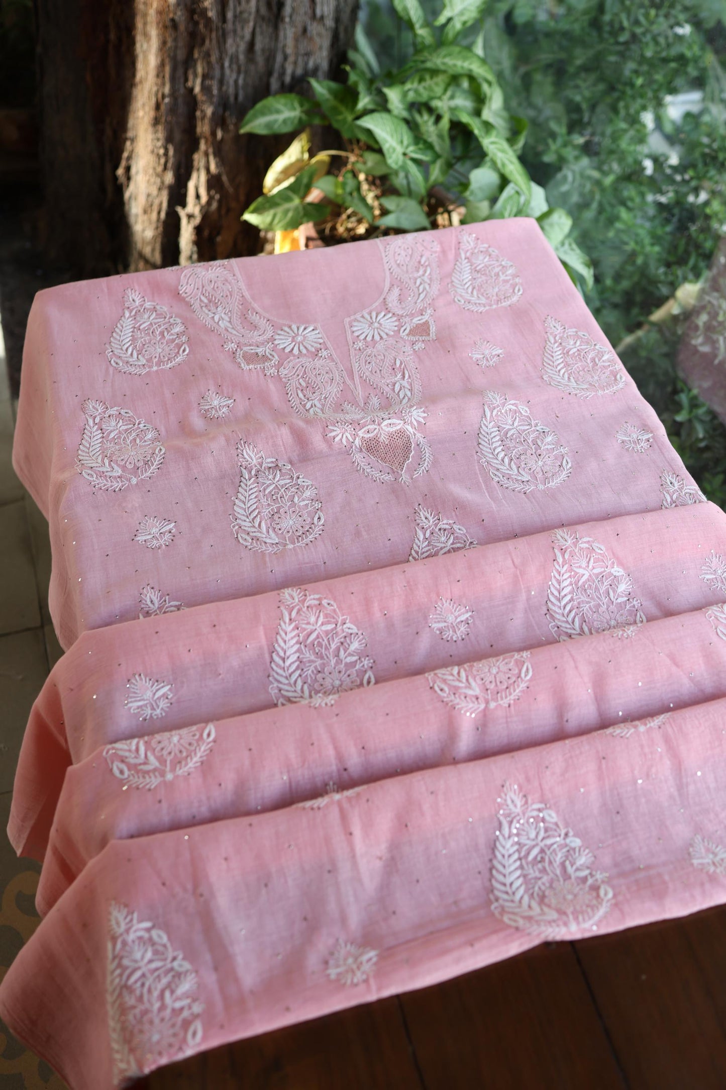 Pink Zari Booti Fine Chikankari With Kamdani Work Unstitched Fabric