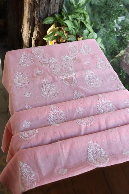 Pink Zari Booti Fine Chikankari With Kamdani Work Unstitched Fabric