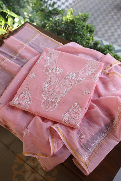Pink Zari Booti Fine Chikankari With Kamdani Work Unstitched Fabric