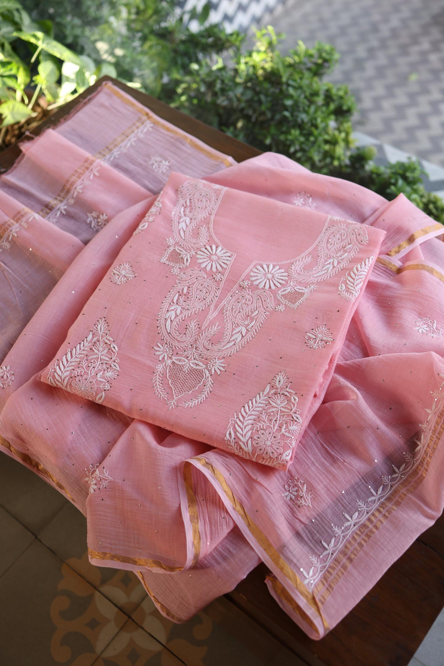 Pink Zari Booti Fine Chikankari With Kamdani Work Unstitched Fabric