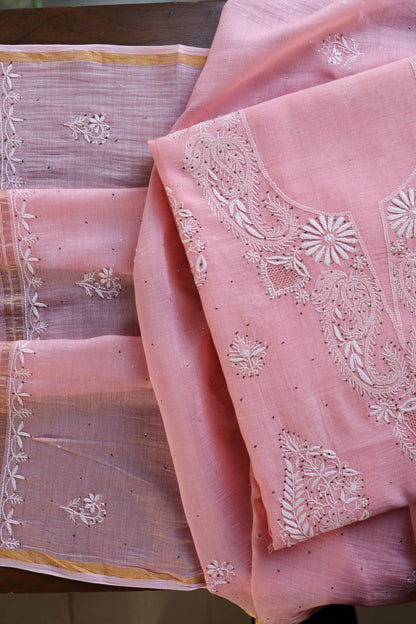 Pink Zari Booti Fine Chikankari With Kamdani Work Unstitched Fabric