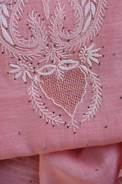 Pink Zari Booti Fine Chikankari With Kamdani Work Unstitched Fabric