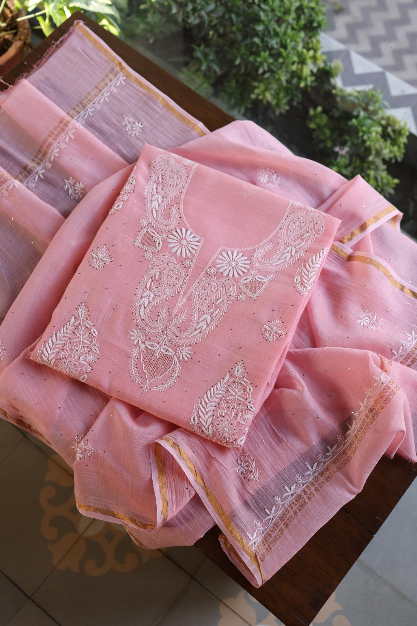 Pink Zari Booti Fine Chikankari With Kamdani Work Unstitched Fabric