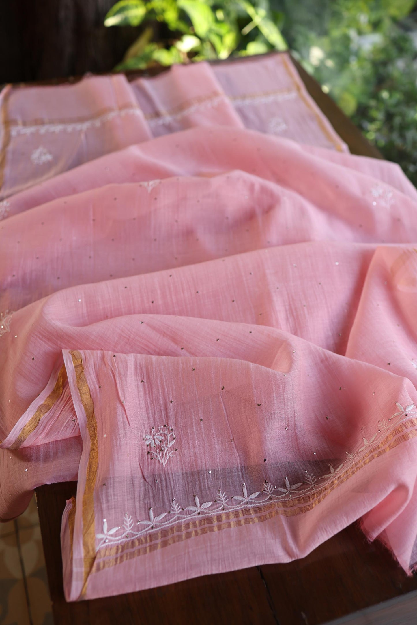 Pink Zari Booti Fine Chikankari With Kamdani Work Unstitched Fabric