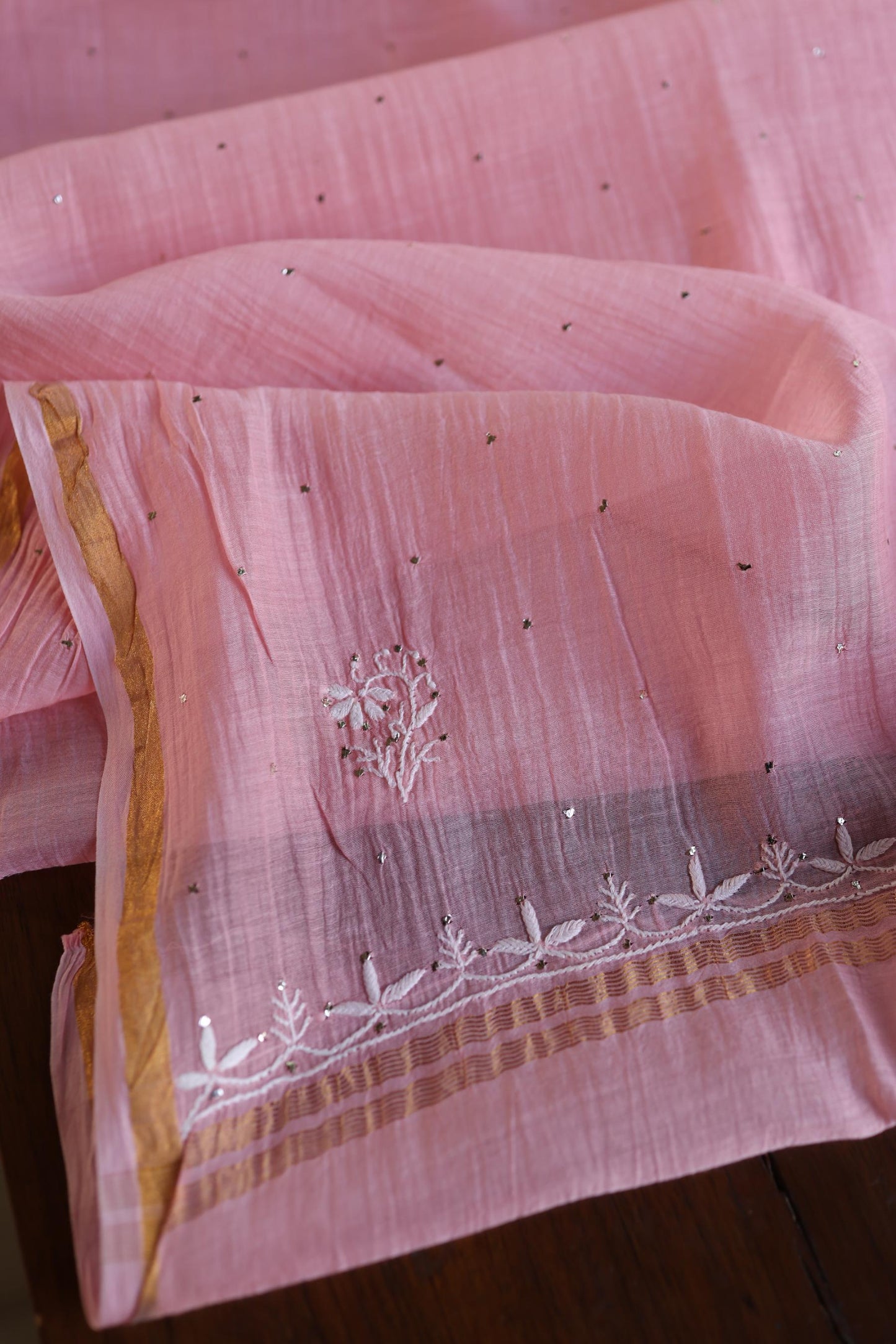 Pink Zari Booti Fine Chikankari With Kamdani Work Unstitched Fabric