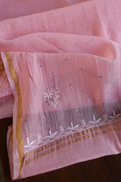 Pink Zari Booti Fine Chikankari With Kamdani Work Unstitched Fabric