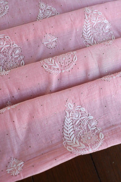 Pink Zari Booti Fine Chikankari With Kamdani Work Unstitched Fabric