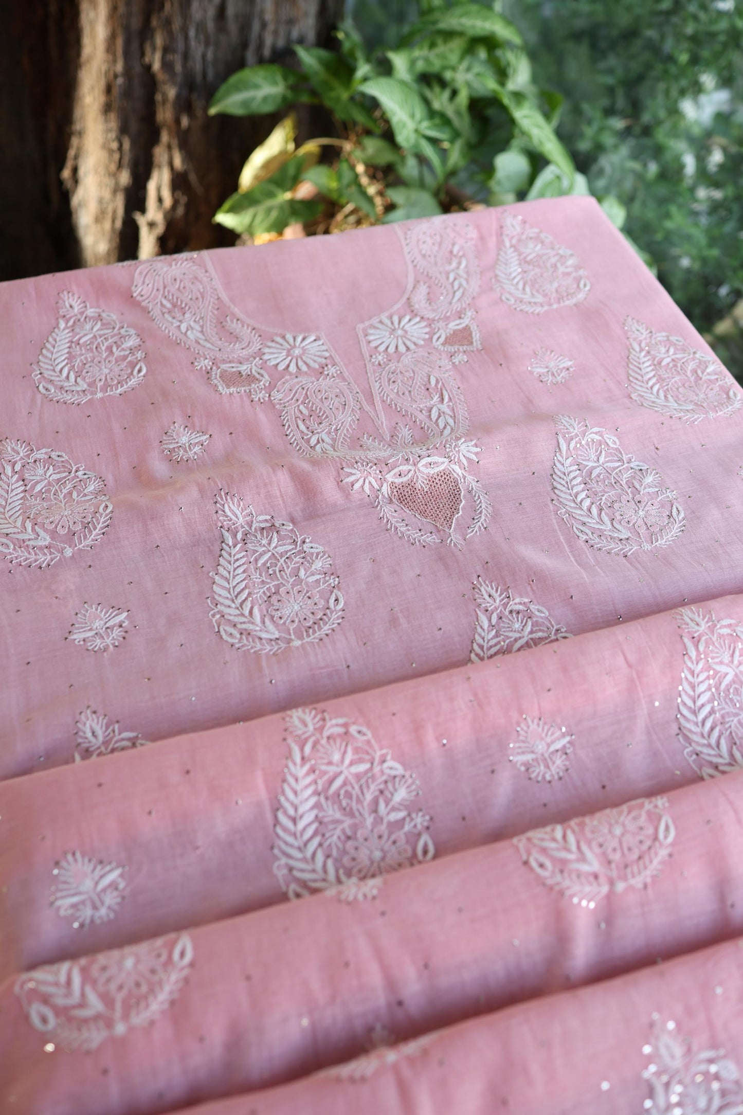 Pink Zari Booti Fine Chikankari With Kamdani Work Unstitched Fabric
