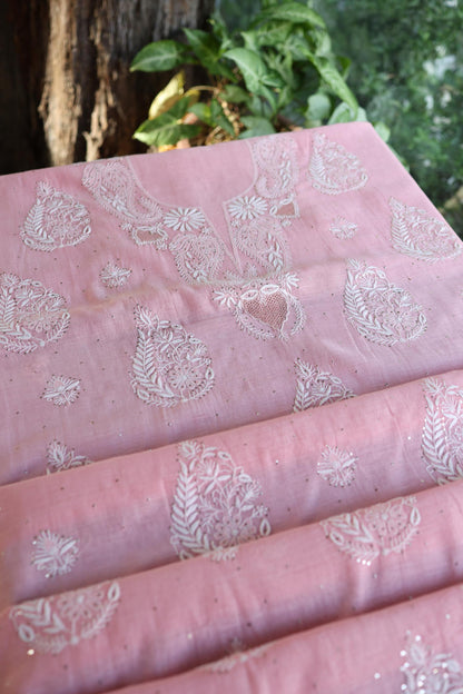 Pink Zari Booti Fine Chikankari With Kamdani Work Unstitched Fabric