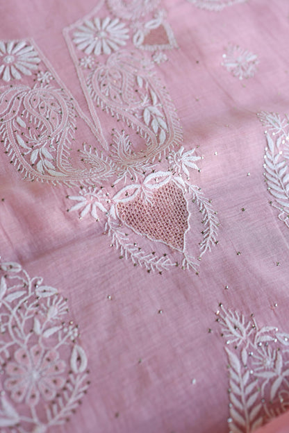 Pink Zari Booti Fine Chikankari With Kamdani Work Unstitched Fabric