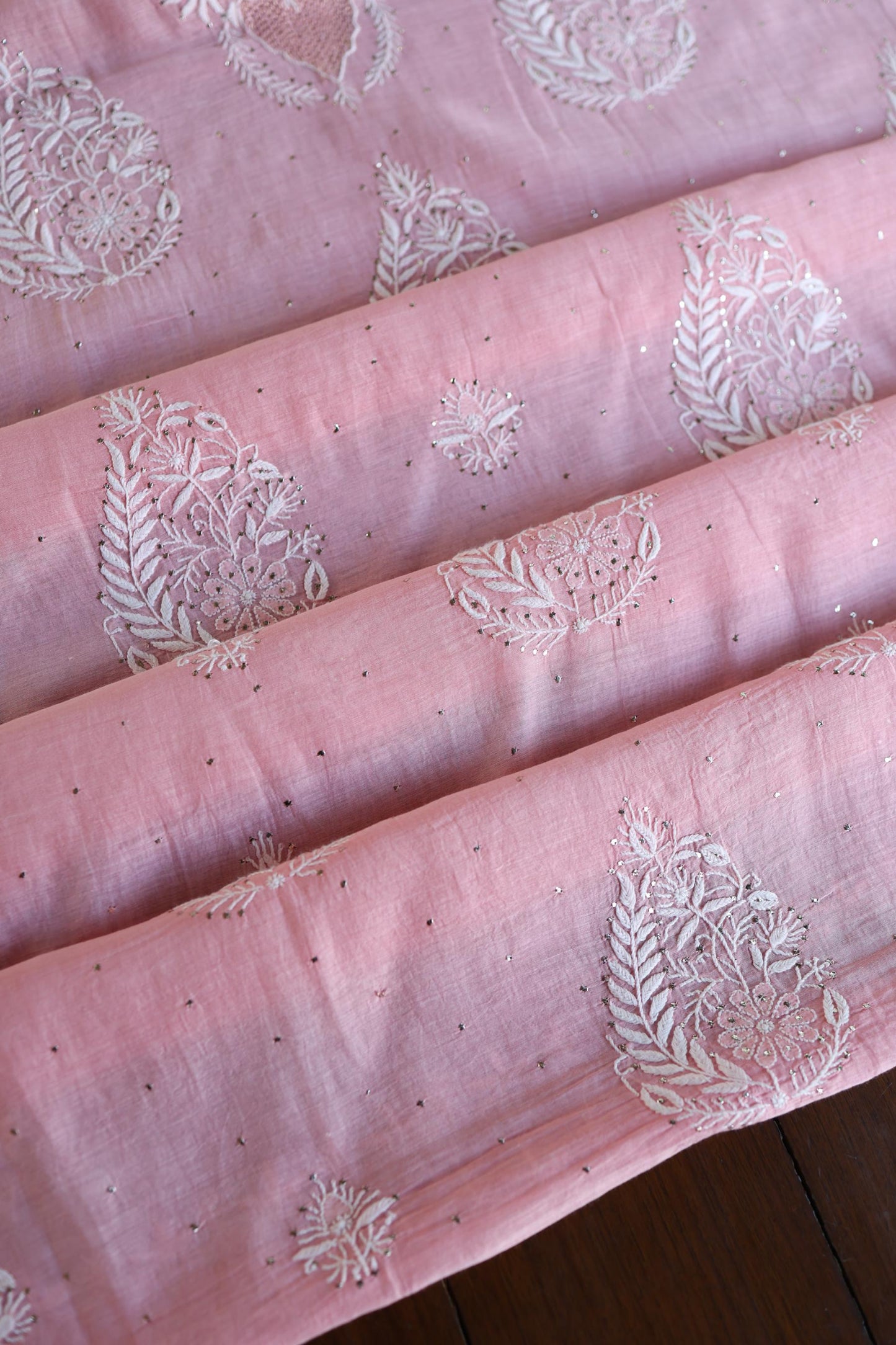 Pink Zari Booti Fine Chikankari With Kamdani Work Unstitched Fabric