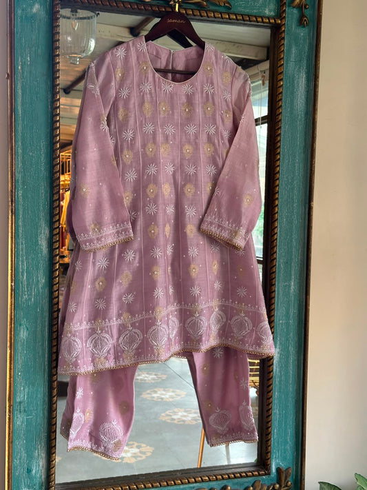 Pink Zari Chanderi Chikankari Co-Ord Set