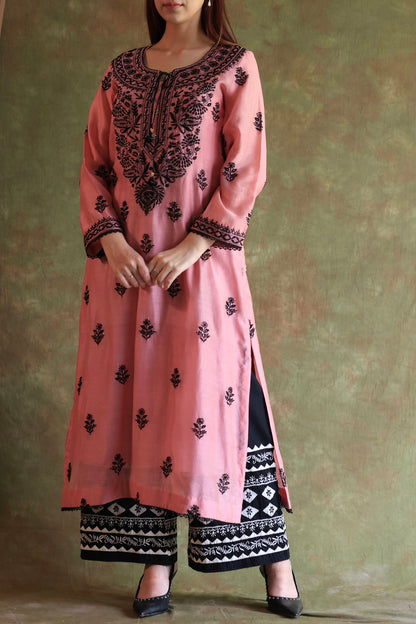 Pink & Black Mal Cotton Chikankari With Kamdani Ready to Wear Kurta Set