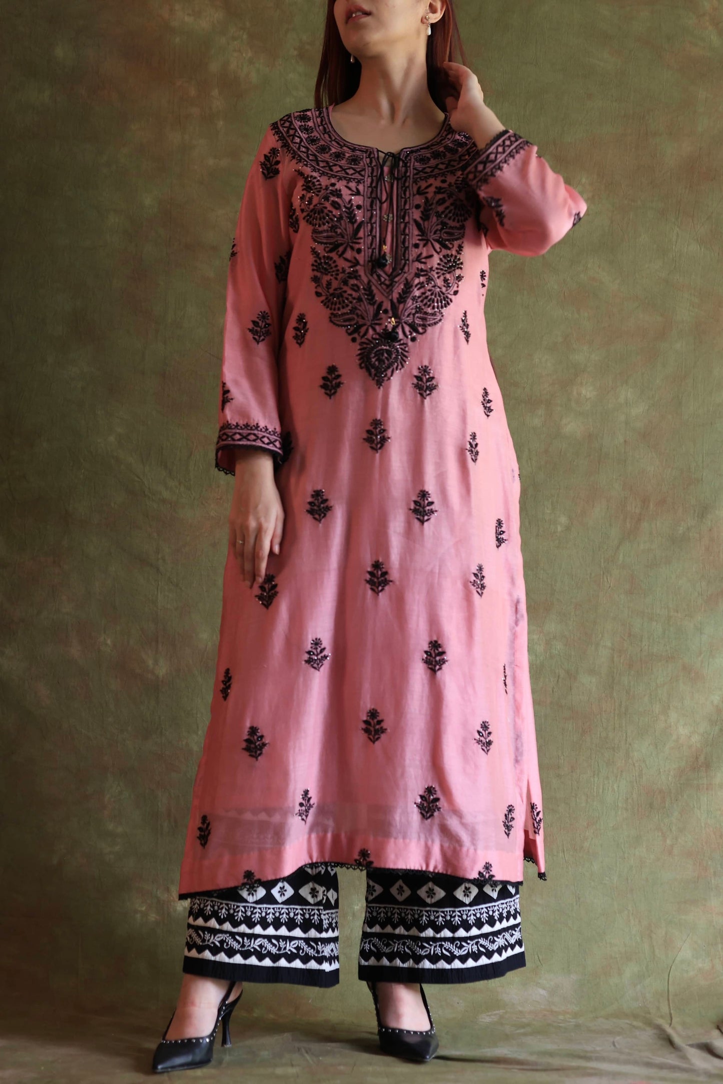 Pink & Black Mal Cotton Chikankari With Kamdani Ready to Wear Kurta Set