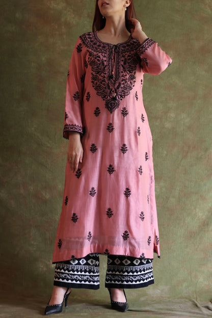 Pink & Black Mal Cotton Chikankari With Kamdani Ready to Wear Kurta Set