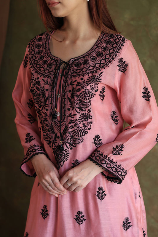 Pink & Black Mal Cotton Chikankari With Kamdani Ready to Wear Kurta Set