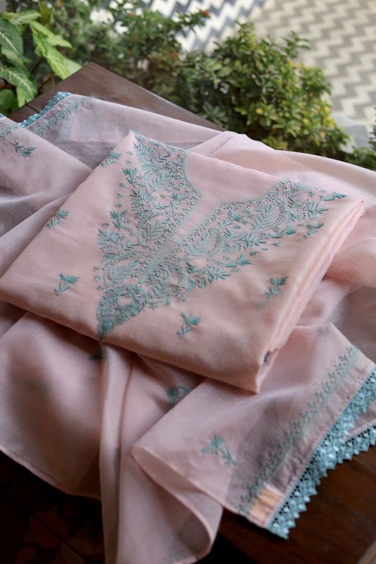 Pink & Blue Kota Chikankari Unstitched Fabric