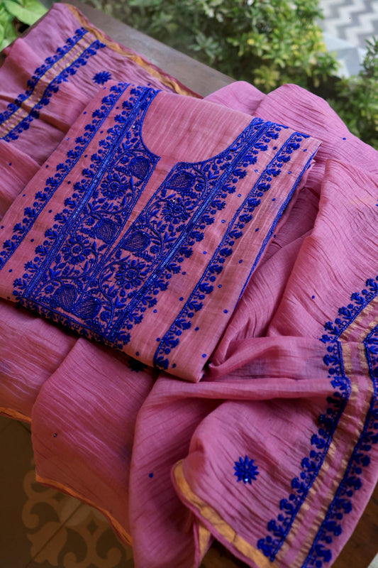 Pink & Blue Mal Chanderi Silk Chikankari Unstitched Fabric