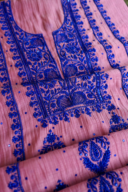Pink & Blue Mal Chanderi Silk Chikankari Unstitched Fabric