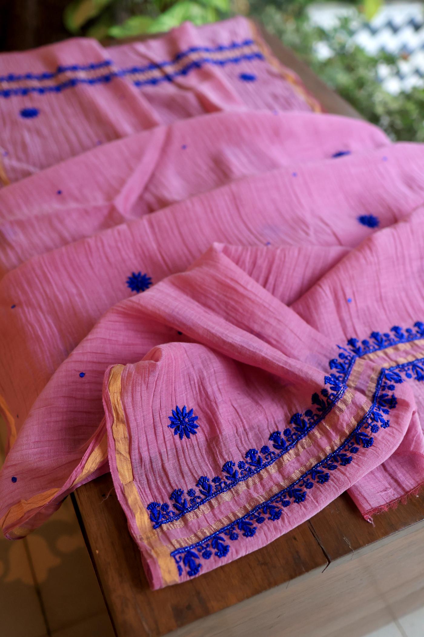 Pink & Blue Mal Chanderi Silk Chikankari Unstitched Fabric