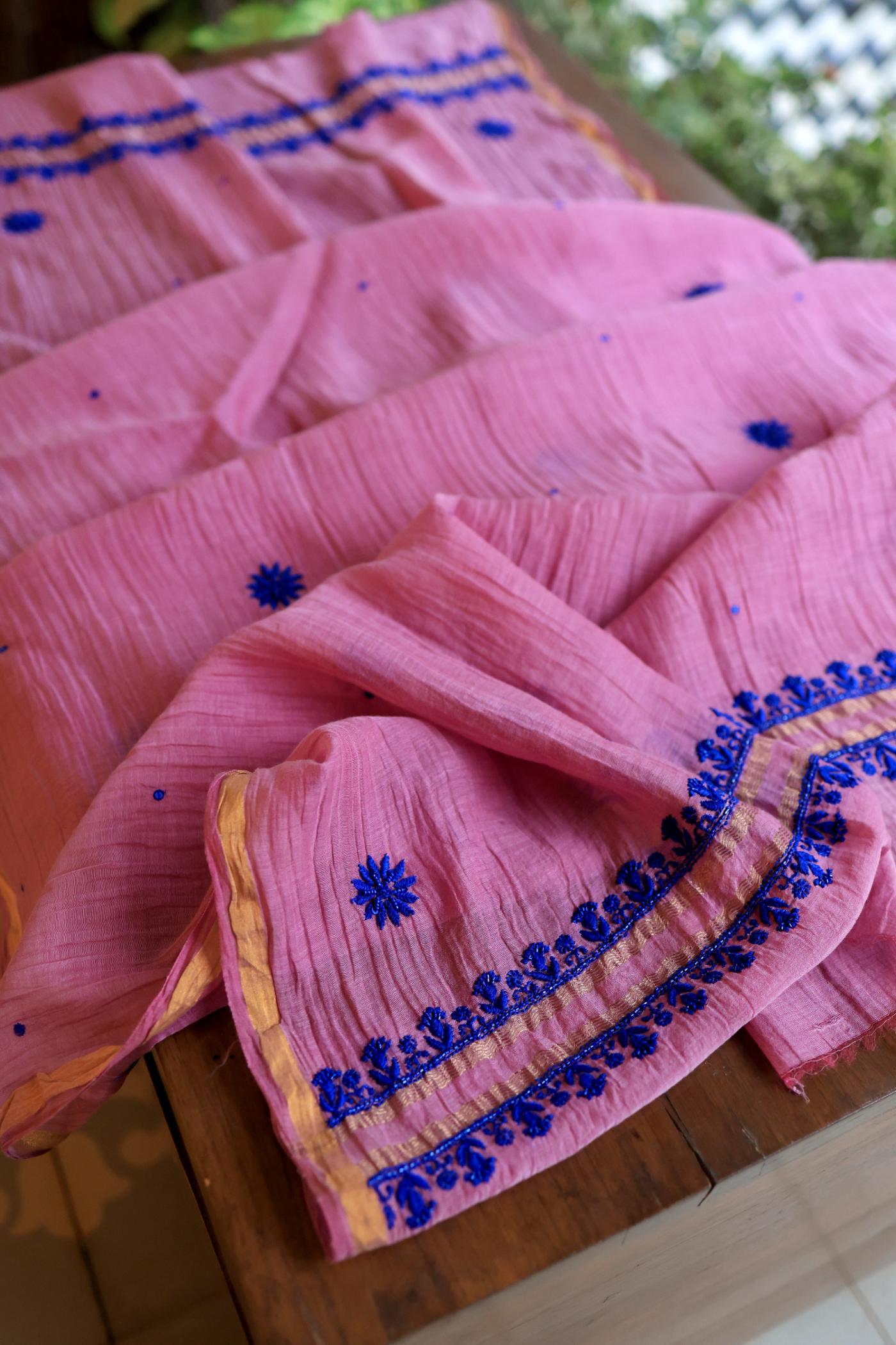 Pink & Blue Mal Chanderi Silk Chikankari Unstitched Fabric