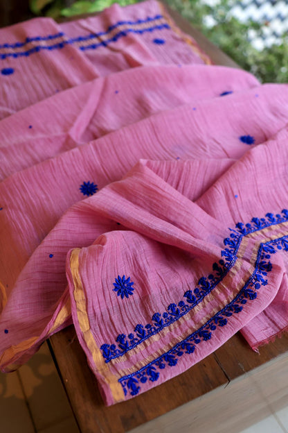 Pink & Blue Mal Chanderi Silk Chikankari Unstitched Fabric