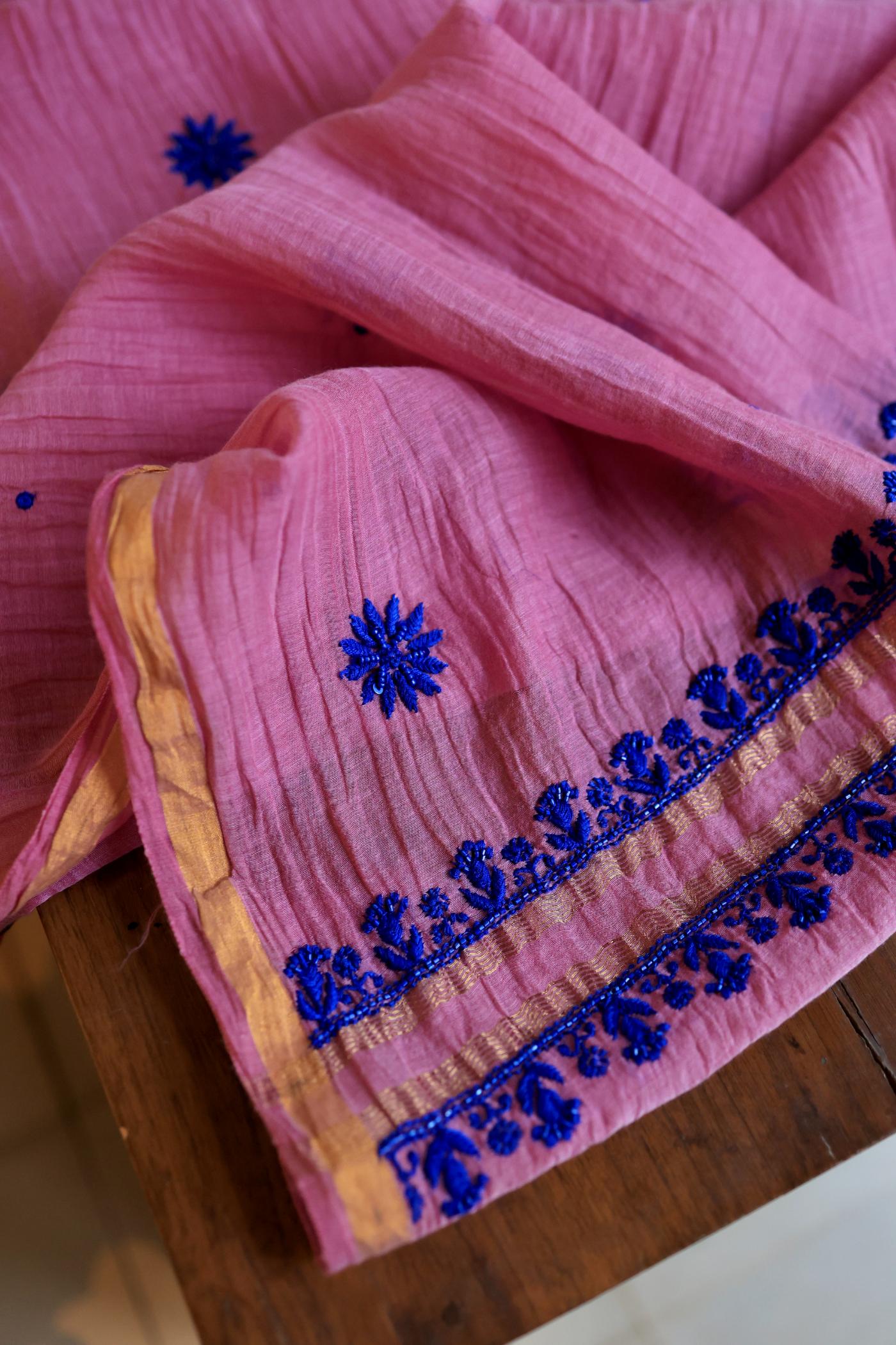 Pink & Blue Mal Chanderi Silk Chikankari Unstitched Fabric