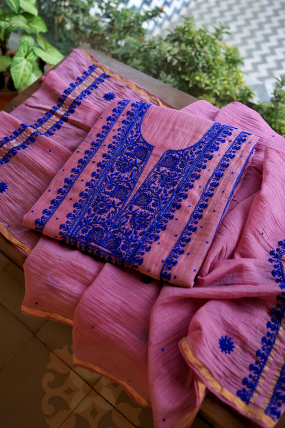 Pink & Blue Mal Chanderi Silk Chikankari Unstitched Fabric