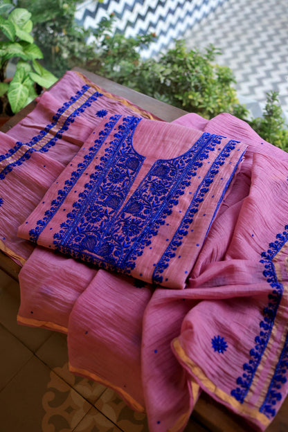 Pink & Blue Mal Chanderi Silk Chikankari Unstitched Fabric