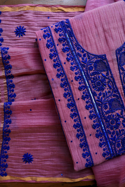 Pink & Blue Mal Chanderi Silk Chikankari Unstitched Fabric