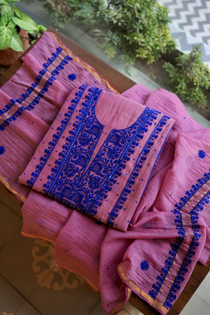 Pink & Blue Mal Chanderi Silk Chikankari Unstitched Fabric