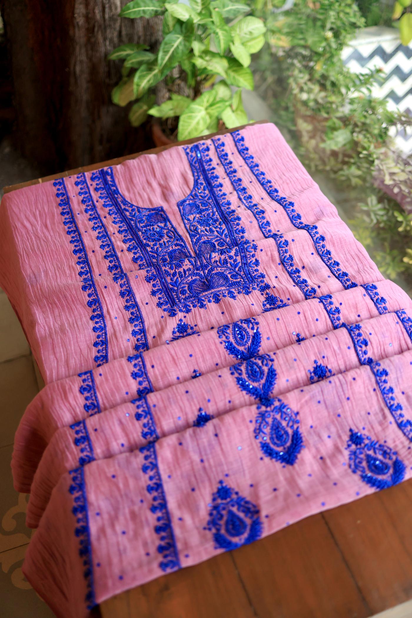 Pink & Blue Mal Chanderi Silk Chikankari Unstitched Fabric