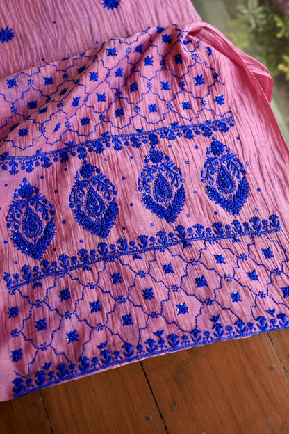 Pink & Blue Mal Chanderi Silk Chikankari Unstitched Fabric