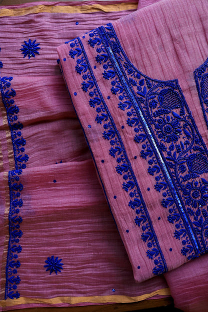 Pink & Blue Mal Chanderi Silk Chikankari Unstitched Fabric