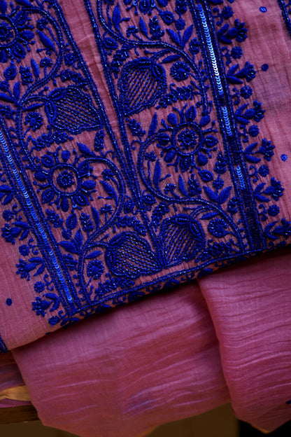 Pink & Blue Mal Chanderi Silk Chikankari Unstitched Fabric
