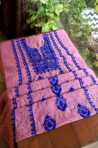 Pink & Blue Mal Chanderi Silk Chikankari Unstitched Fabric