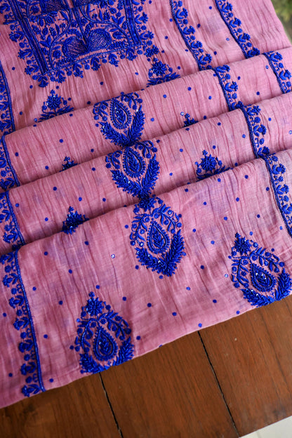 Pink & Blue Mal Chanderi Silk Chikankari Unstitched Fabric