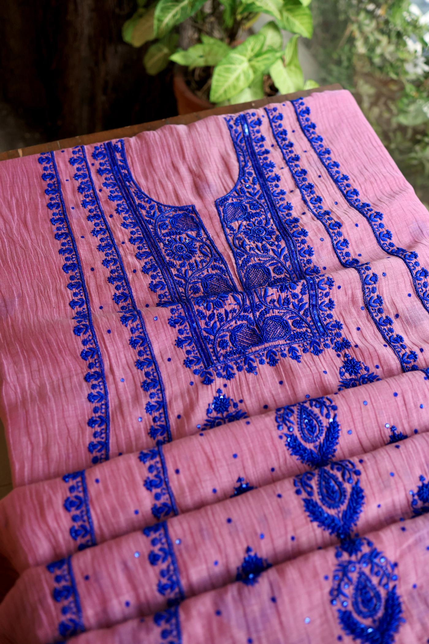 Pink & Blue Mal Chanderi Silk Chikankari Unstitched Fabric