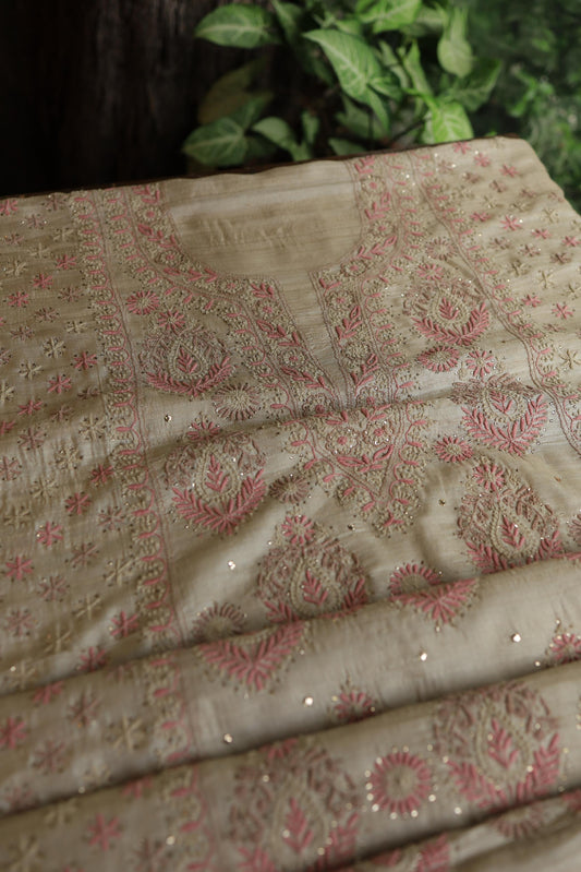Pink & Brown Natural Beige Tussar Silk Chikankari Fabric With Mukaish Kamdani