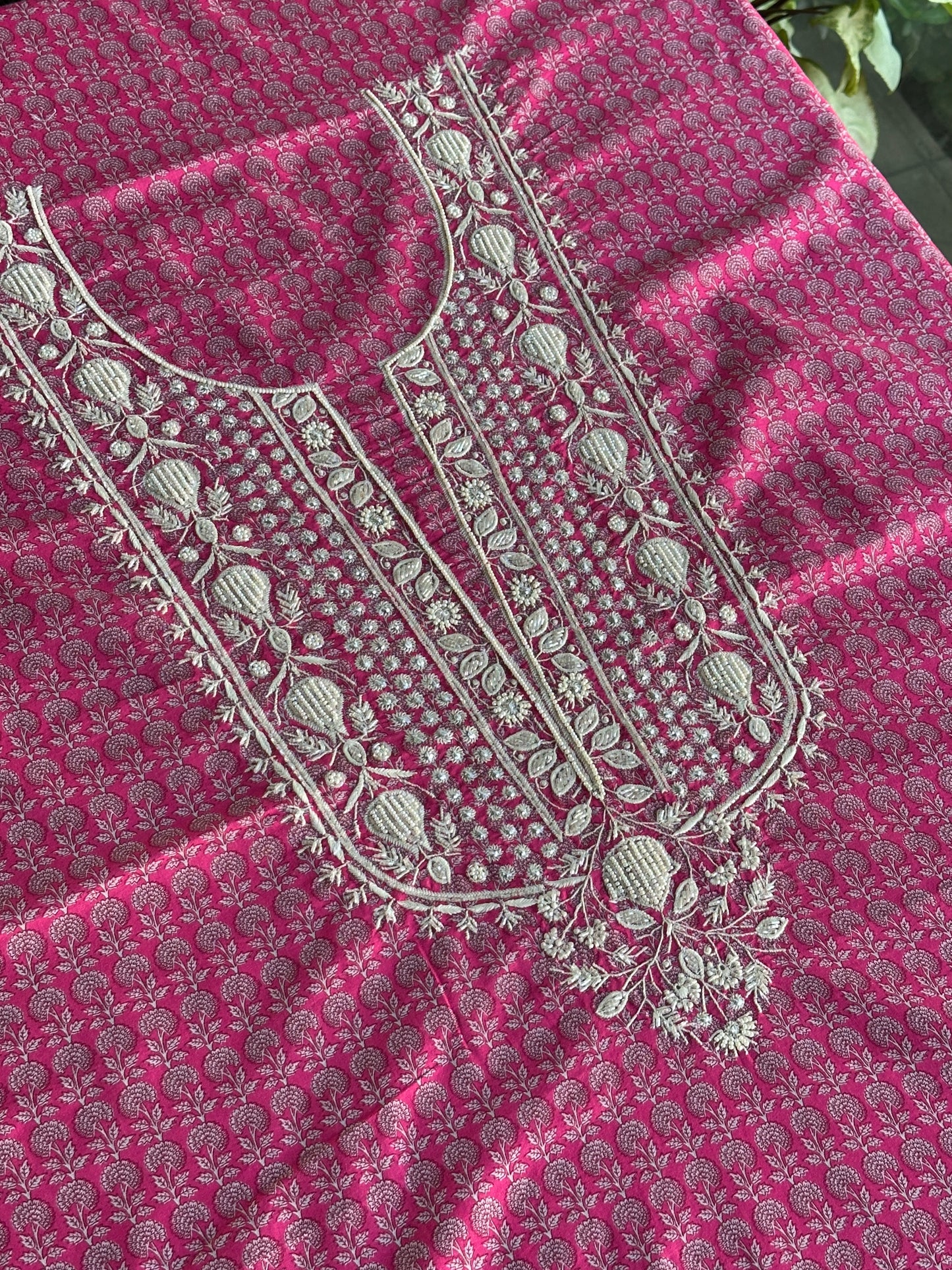 Pink Floral Cotton Kurta Fabric with Chikankari & Sequin Work