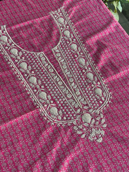 Pink Floral Cotton Kurta Fabric with Chikankari & Sequin Work