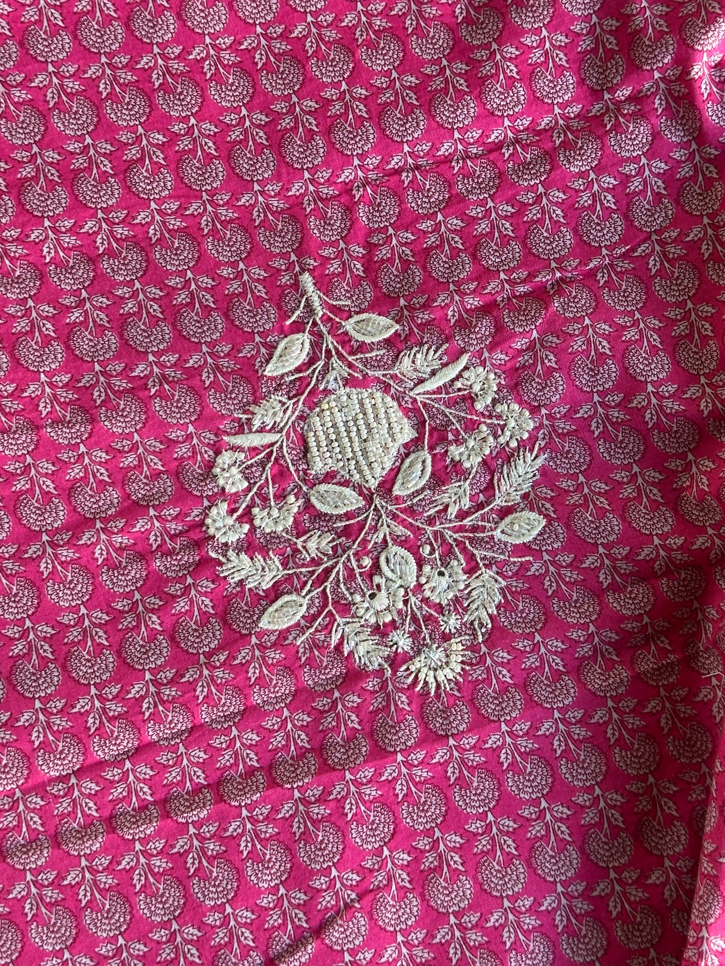 Pink Floral Cotton Kurta Fabric with Chikankari & Sequin Work