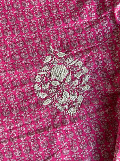 Pink Floral Cotton Kurta Fabric with Chikankari & Sequin Work