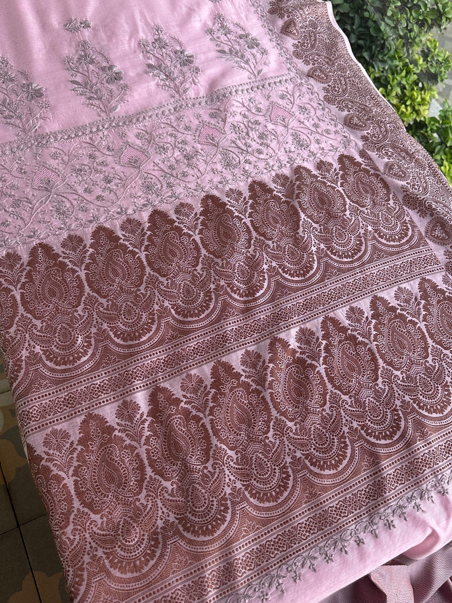 Pink & Grey Chanderi Saree with Chikankari Embroidery & Banarasi Zari Border