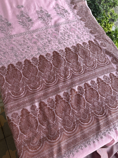 Pink & Grey Chanderi Saree with Chikankari Embroidery & Banarasi Zari Border